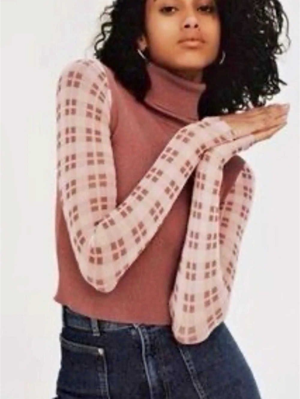 ZARA Dusty Pink Turtleneck Sweater With Sheer Plaid Sleeves Pink Medium
